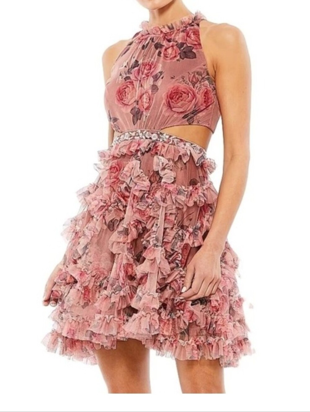 Mac Duggal Ruffled Cutout Halter Dustu Rose Floral Mini Dress Sz 6